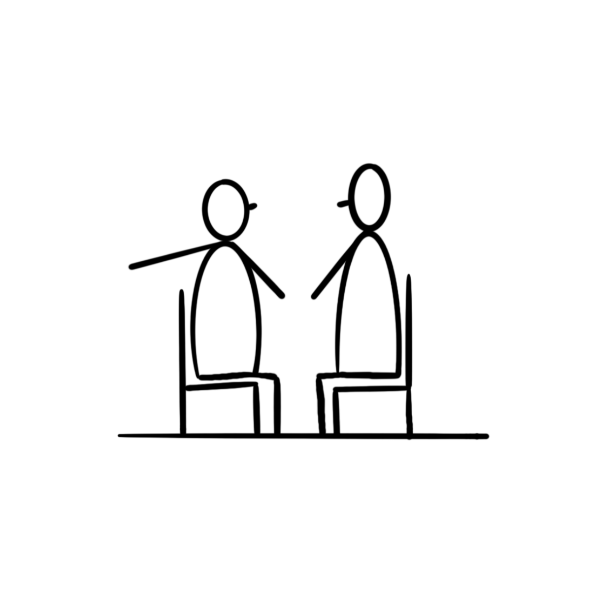 twee poppetjes zittend, het ene poppetje verteld over een andere collega.