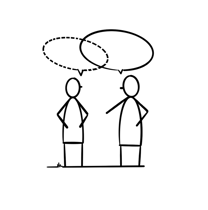 twee poppetjes in gesprek, 1 luistert en 1 praat.