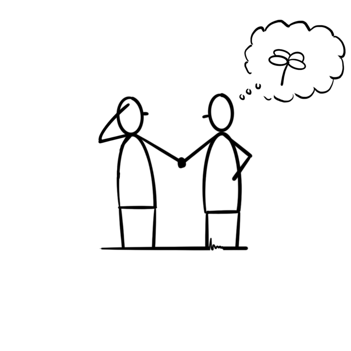 twee poppetjes houden handvast, 1 denkt aan een klavertje vier