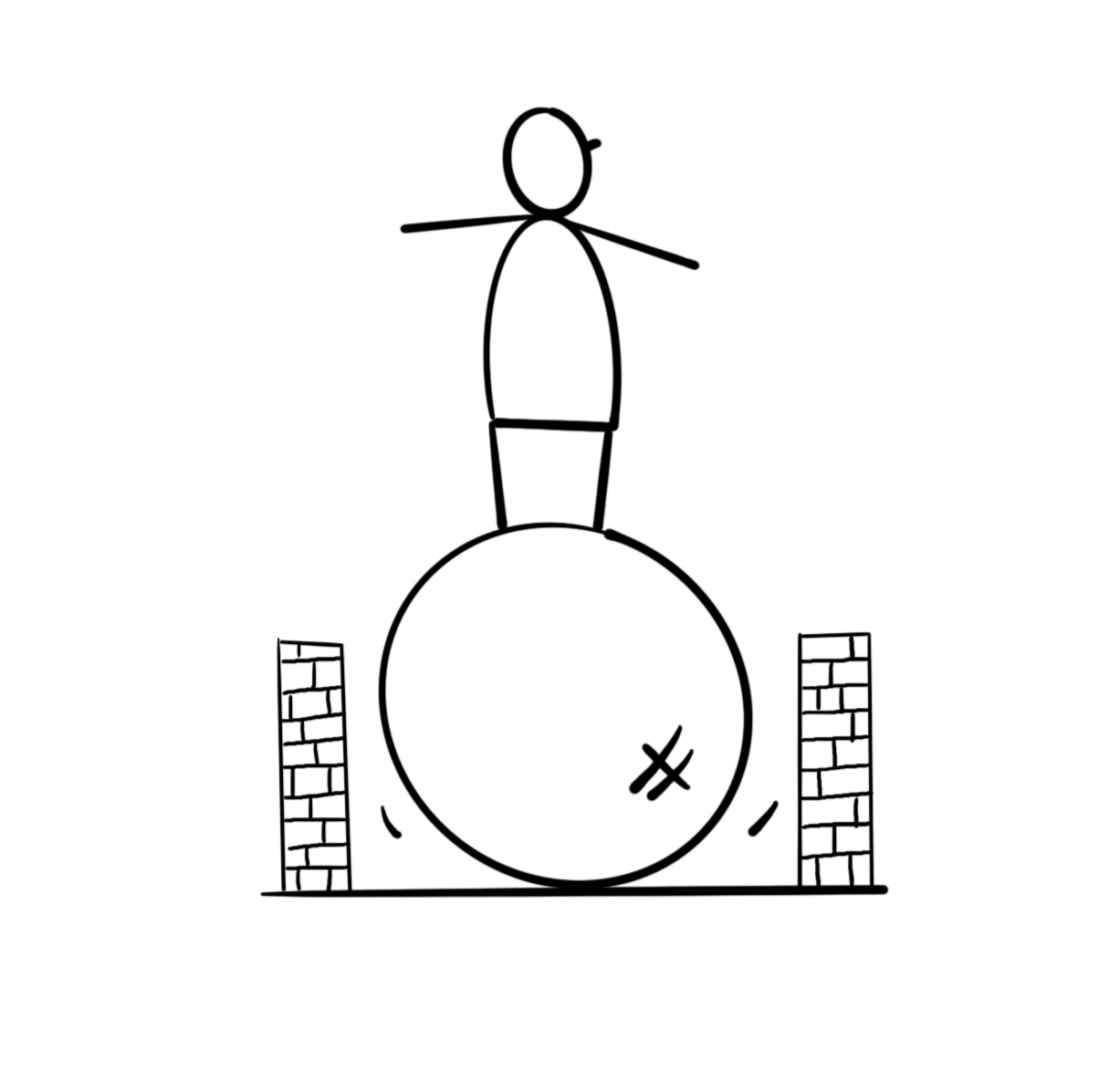 Een poppetje dat op een bal balanceert tussen twee muren, de symbolische kaders.