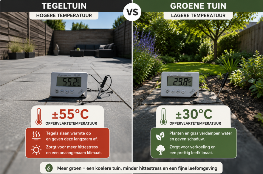 foto tegeltuin temperatuur versus groene tuin